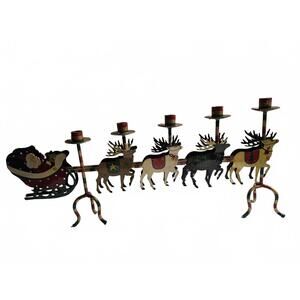 Vintage Metal Christmas Reindeer Sleigh Candle Holder
